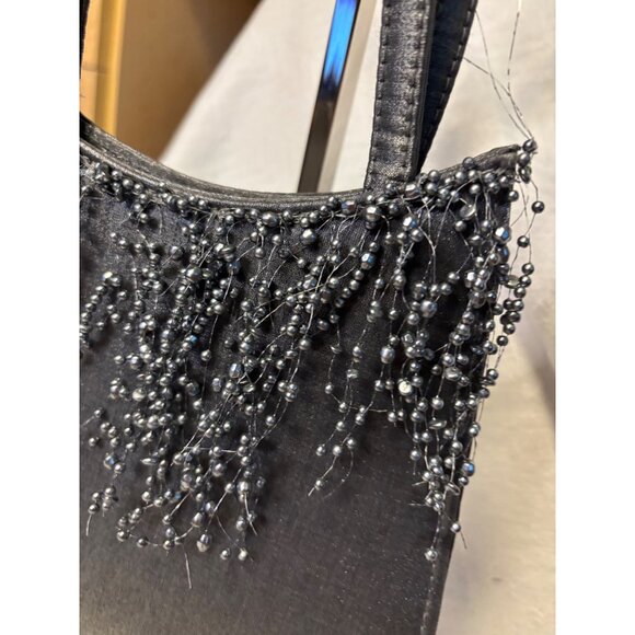 Vintage Black Satin Evening Bag Cascading Beaded Pearl Detail Double Handle Form - Picture 4 of 7